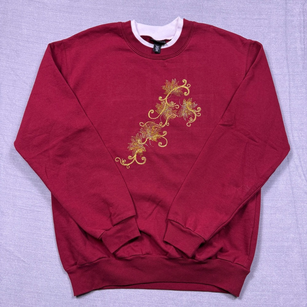 Trilogy by Morning Sun Womens Sweatshirt‎ Medium Maroon Gold Floral Embroidered